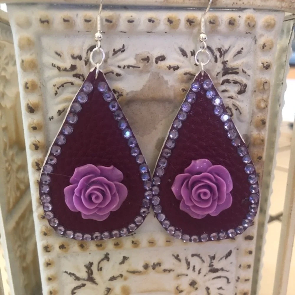Rose and Rhinestone Faux Leather Earrings - Picture 2 of 4
